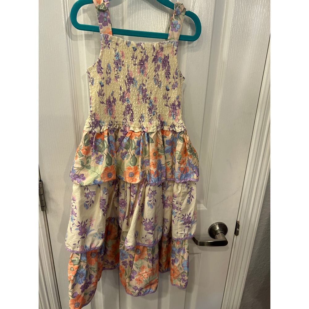 Tahari Girl Tiered Dress Cream Floral Smocked Ruffle Sun Dress Kids 6